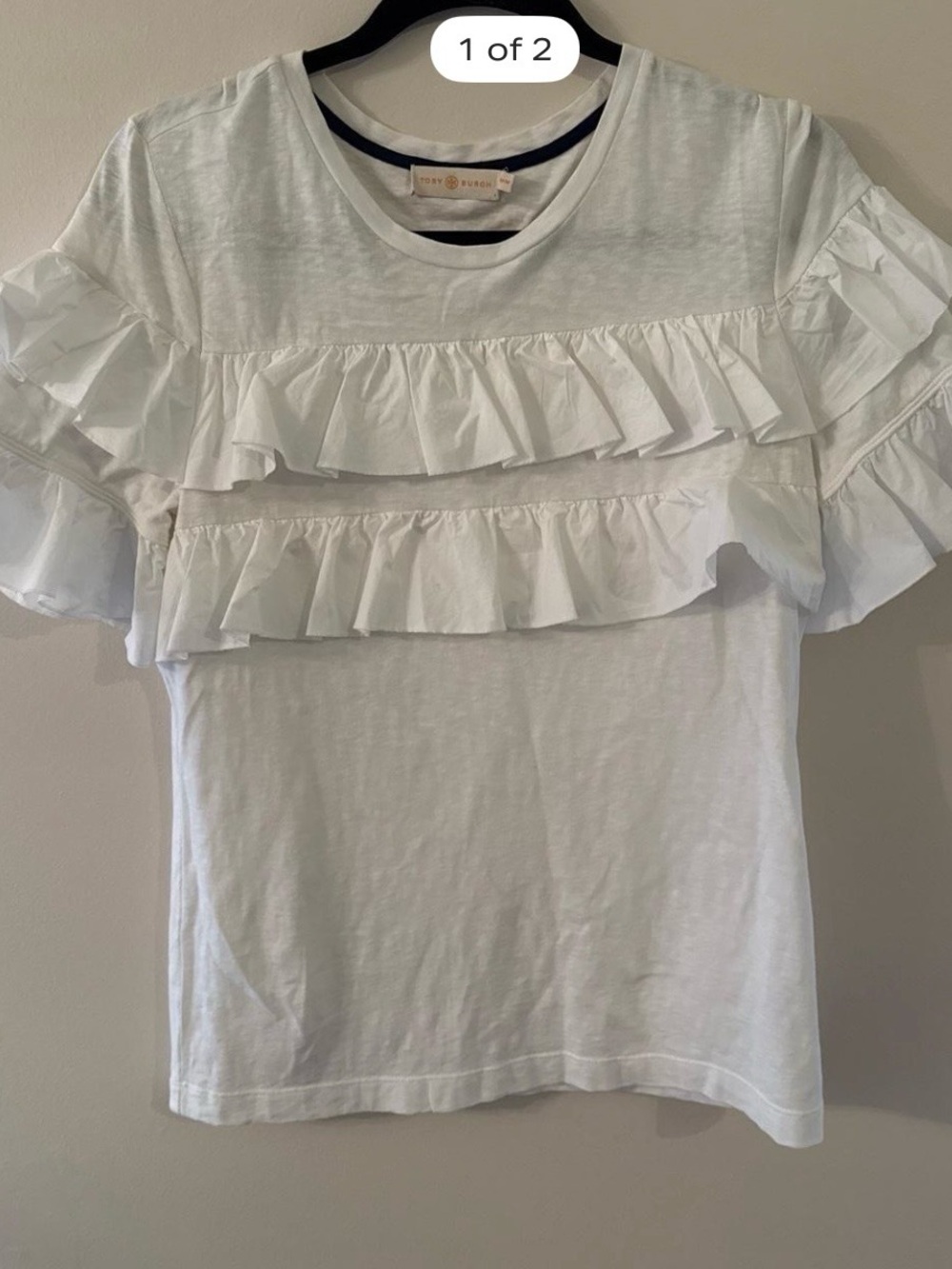 Tory Burch White Ruffle-Front Short Sleeve Tee